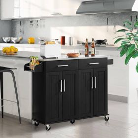 Black Kitchen Island Cart with Stainless Steel Top, 2 Drawers & Cabinet