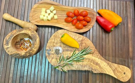 Handcrafted Olive Wood Kitchen Set - Mortar, Bowl & Board