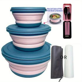 3-Piece Collapsible Silicone Camping Bowl Set with Lids & Tableware (Color: Pink)