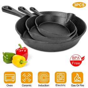 3Pcs Pre-Seasoned Cast Iron Skillet Set (6/8/10in) (Color: Black)