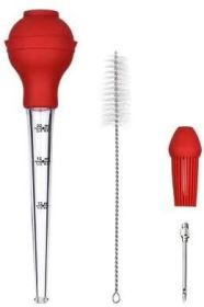 Silicone Basting Brush & Baster Set with Marinade Needles (Color: Red)